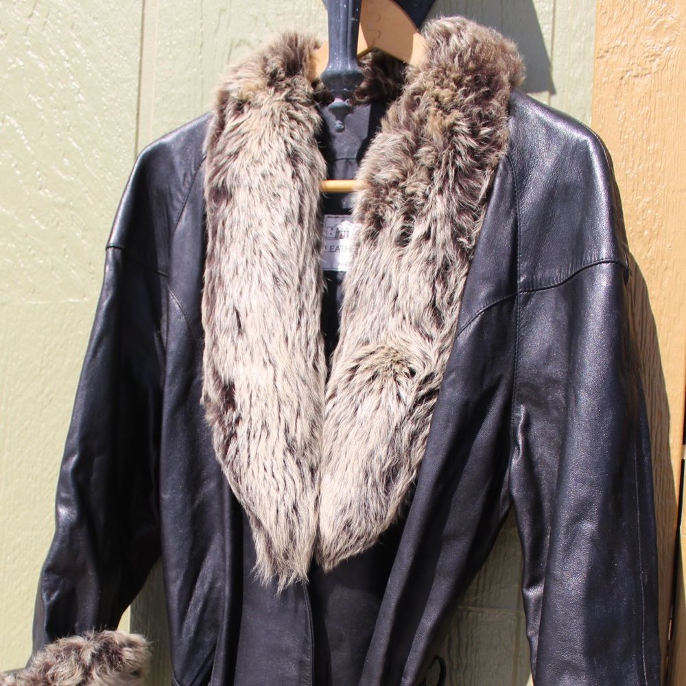 Long Fir Collared Leather Jacket  15/16